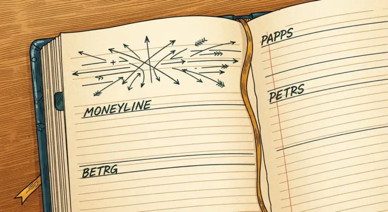 An open journal on a wooden surface displays handwritten notes, headings, and an intricate cluster of sketched arrows