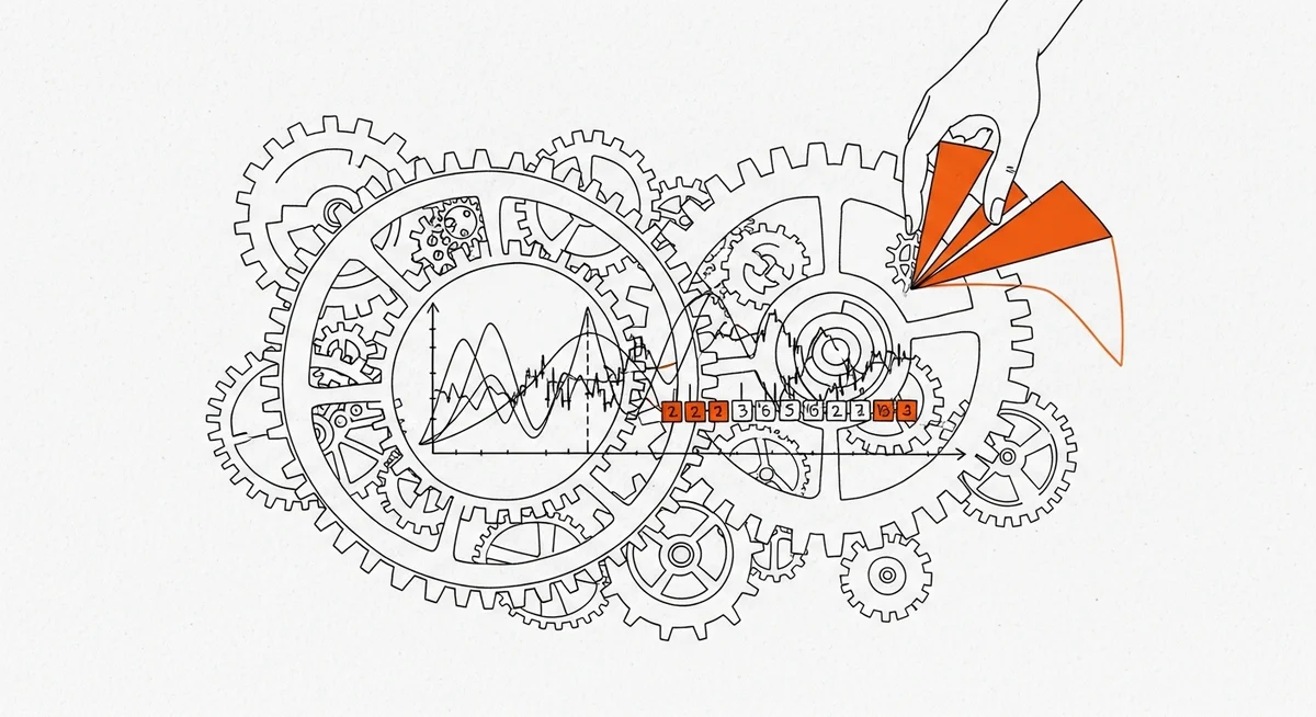 A line art illustration of abstract gears and a fluctuating graph, with a symbolic wedge, in a single accent color, subtly influencing the mechanism, representing dynamic odds and bookmaker margin.