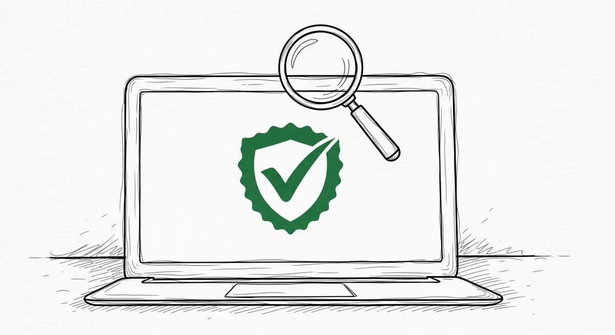 Sketch of a laptop with a magnifying glass hovering above a green checkmark shield icon on the screen
