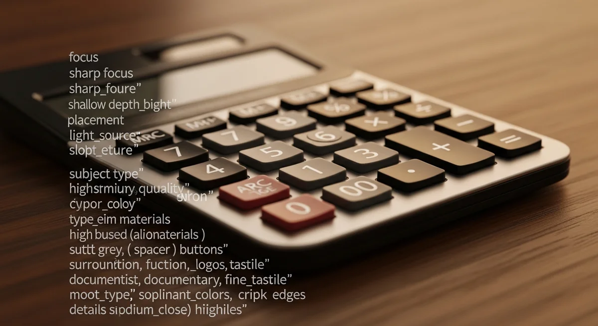 A calculator with dark keys and a display screen rests on a wooden surface