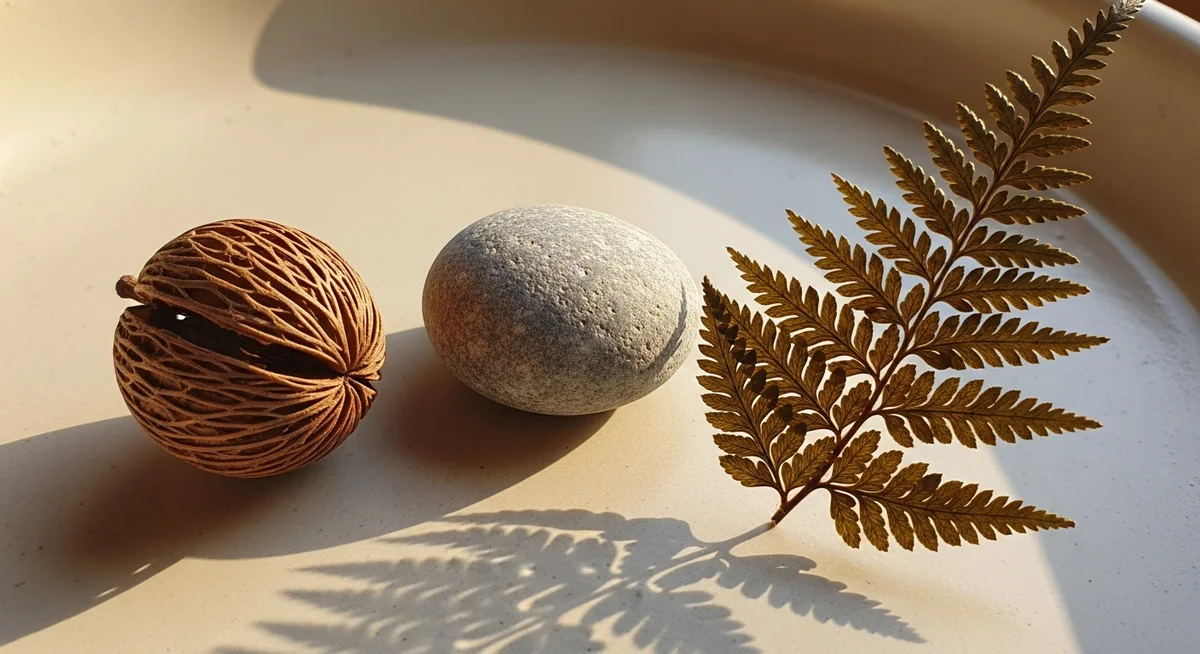 Diverse natural elements like a stone, leaf, and seed pod arranged to show conversion and order.