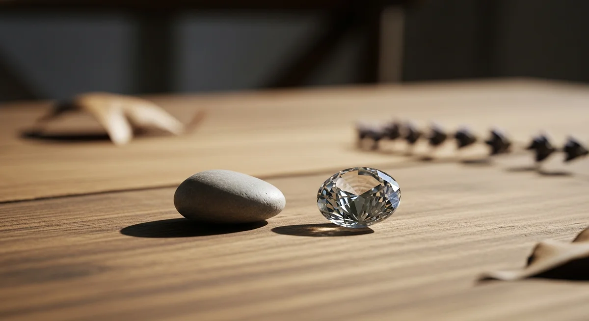 A river stone next to a polished gemstone on a wooden surface, symbolizing investment and potential profit.