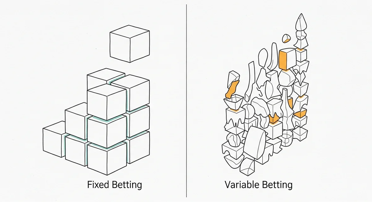 A hand-drawn illustration depicting two distinct betting strategies: one with uniform blocks for fixed stakes, the other with varied shapes for variable stakes, symbolizing choice.