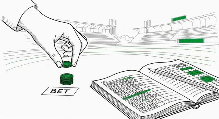 A hand places a green chip onto a bet marker beside a stadium background and an open ledger