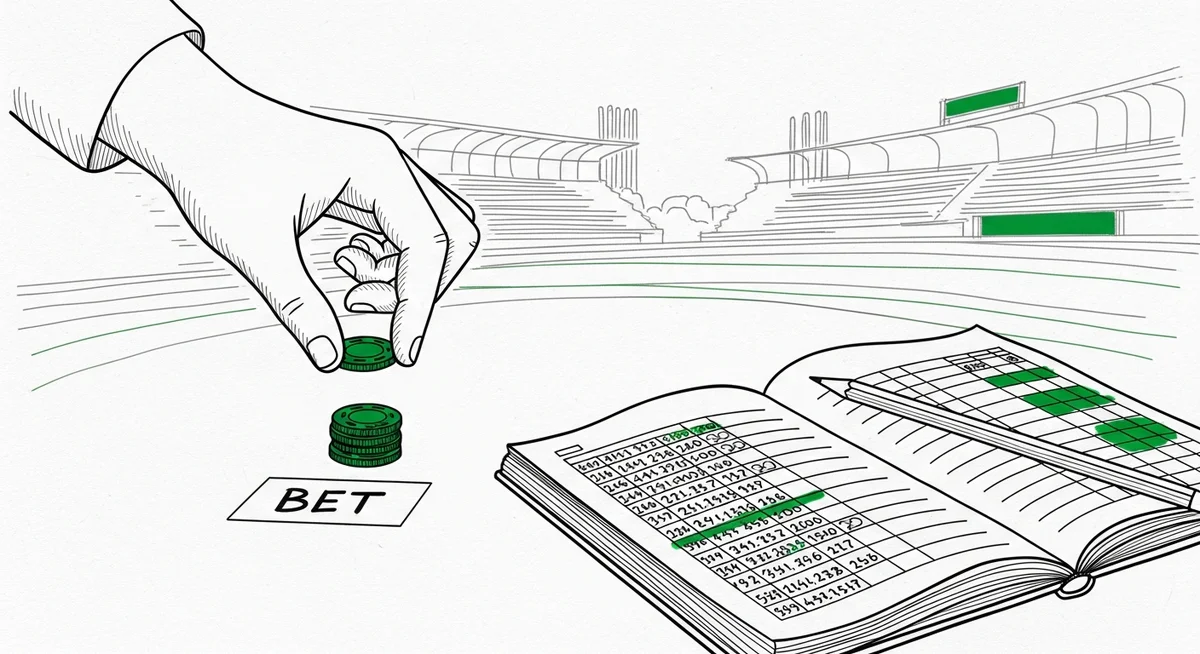 A hand places a green chip onto a bet marker beside a stadium background and an open ledger