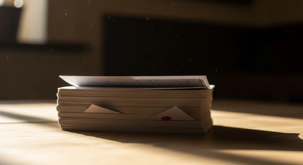 A subtle visual cue of imbalance or a hidden flaw, like an unusual shadow on a stack of generic betting slips, symbolizing red flags.