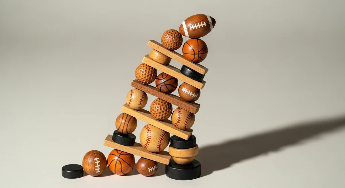 An impossibly tall and precarious stack of various small sports tokens, symbolizing high risk and potential collapse.