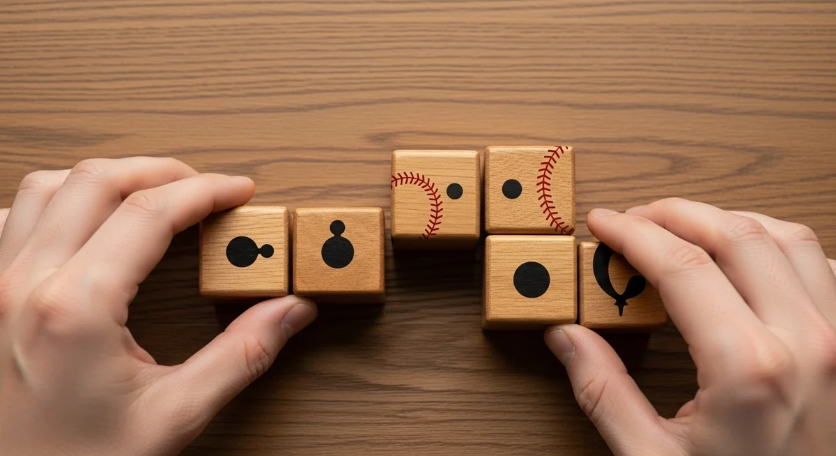 Hands thoughtfully arranging abstract wooden blocks on a warm surface, hinting at complex calculations.