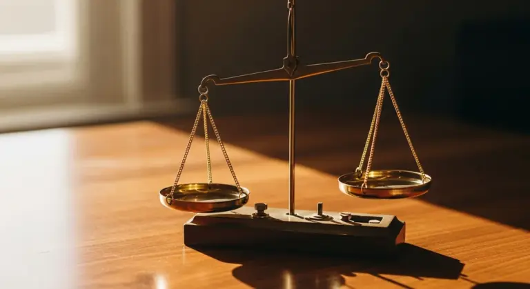 A brass balance scale sits centered on a wooden table