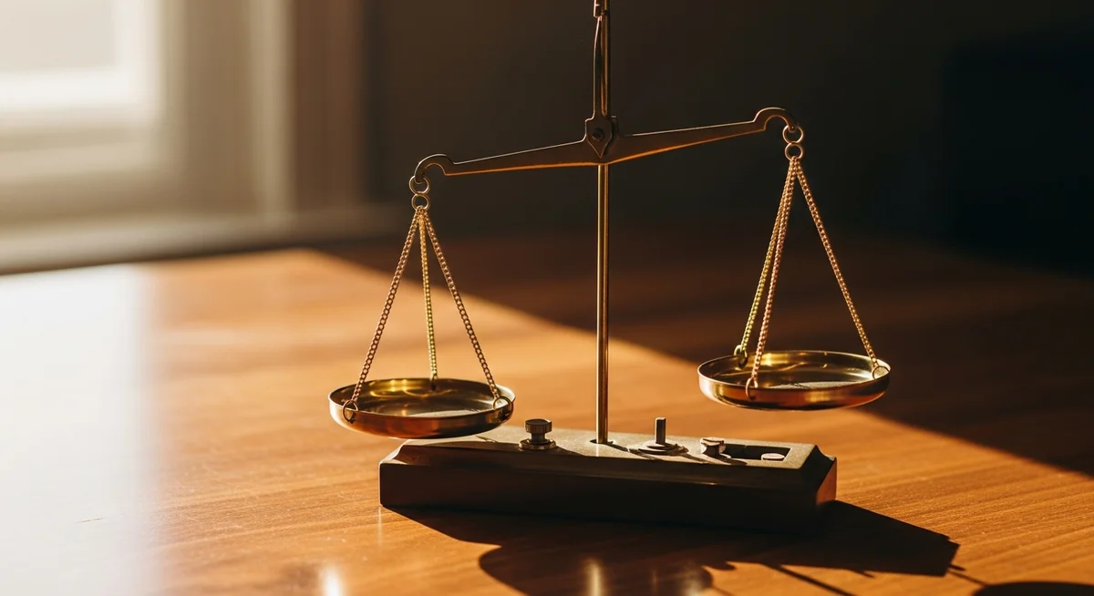 A brass balance scale sits centered on a wooden table