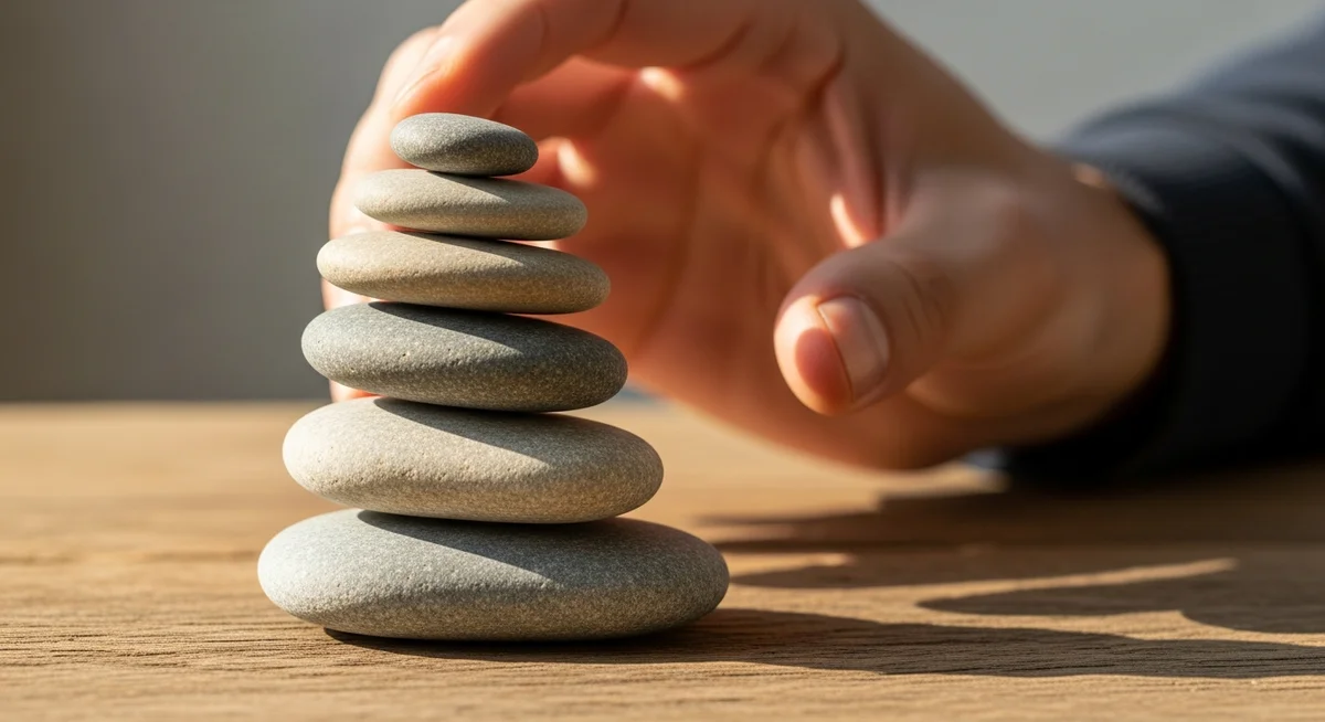 An anonymous hand attempting to balance a stack of smooth stones on an uneven wooden surface, symbolizing the inherent impossibility of beating a system with a built-in disadvantage.