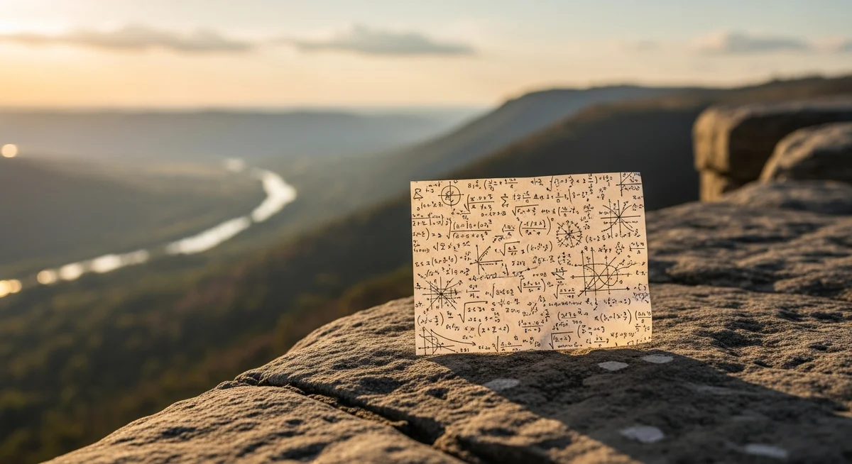 A piece of crumpled paper with complex mathematical symbols precariously balanced on the edge of a rough stone cliff, symbolizing the practical dangers of applying theoretical models.