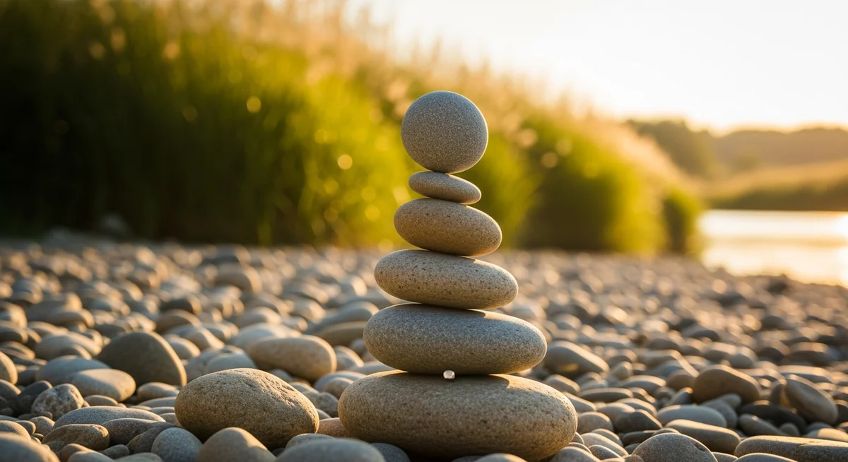 A precarious stack of natural elements, with one piece fractured, symbolizing a fragile system and the domino effect of failure.