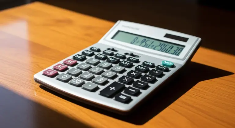 A grey desktop calculator sits on a polished wooden surface