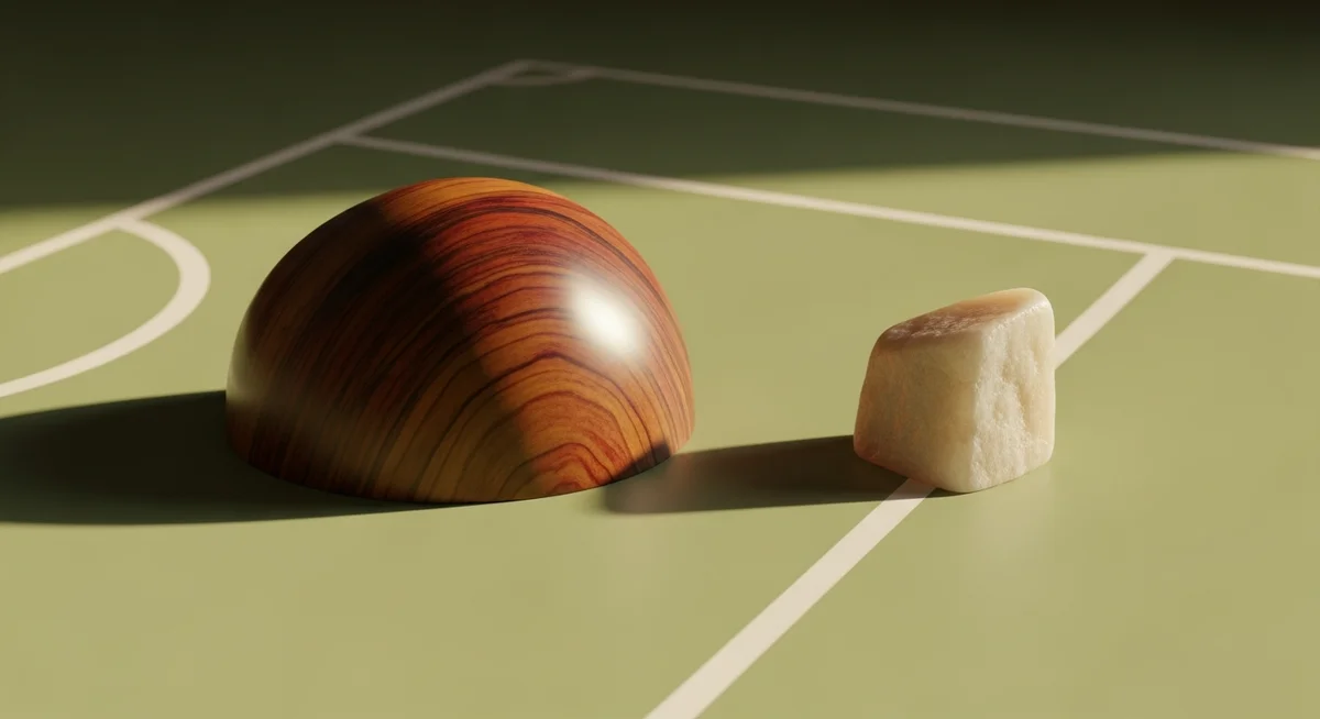 An abstract, warm editorial photo showing a dominant sculptural element just past a boundary line, visually representing a winning point spread in sports.