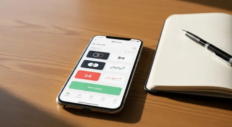 A smartphone displaying a finance app lies on a wooden desk next to an open notebook and a pen