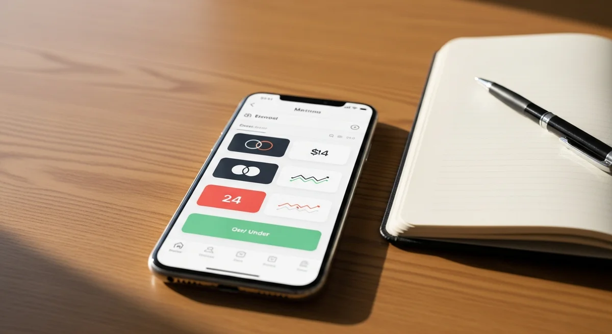 A smartphone displaying a finance app lies on a wooden desk next to an open notebook and a pen