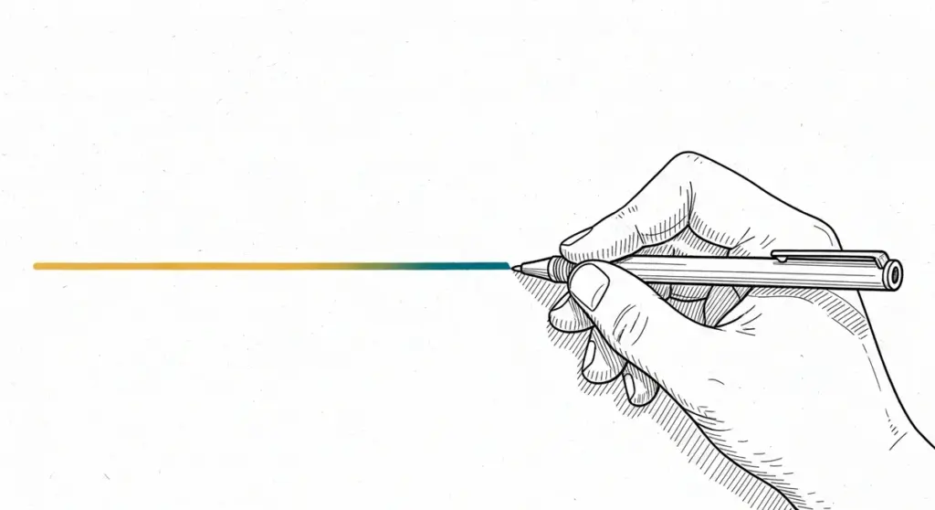A hand holds a pen drawing a long horizontal line that transitions in color from yellow to dark blue