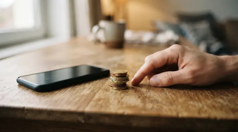 A stack of coins sits on a wooden table next to a smartphone and a hand