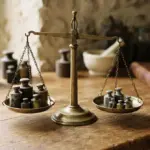 A brass balance scale with weighted pans sits on a wooden table among antique apothecary weights and tools