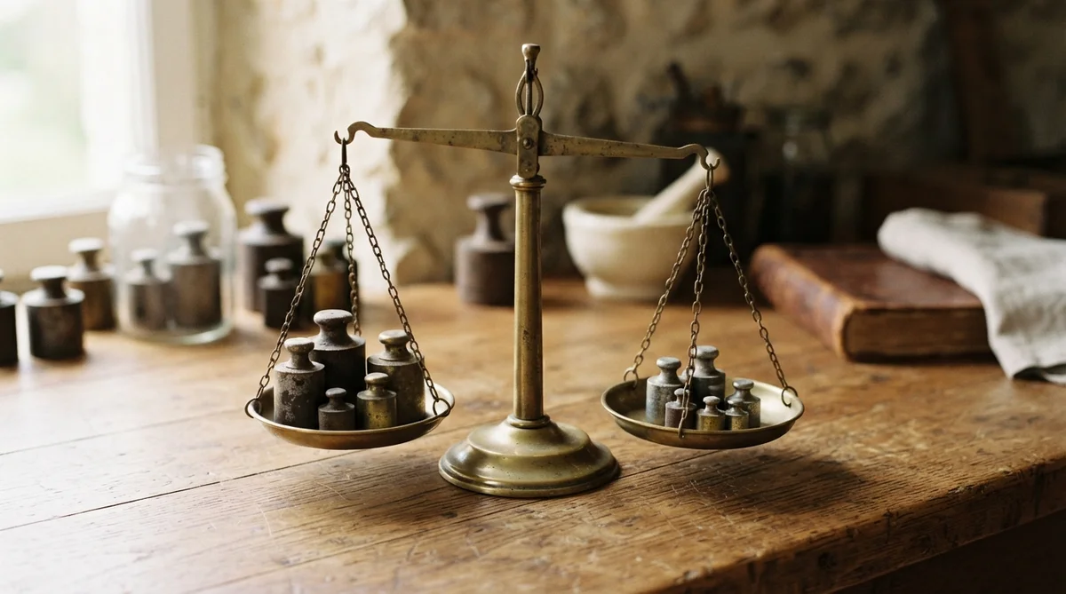 A brass balance scale with weighted pans sits on a wooden table among antique apothecary weights and tools