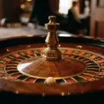 A roulette wheel with a small white ball resting in a slot inside a dimly lit casino
