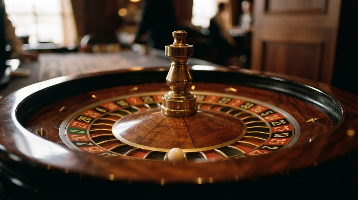 A roulette wheel with a small white ball resting in a slot inside a dimly lit casino