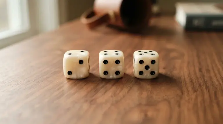 Three dice showing the numbers two, four, and five sit on a wooden surface near a cup