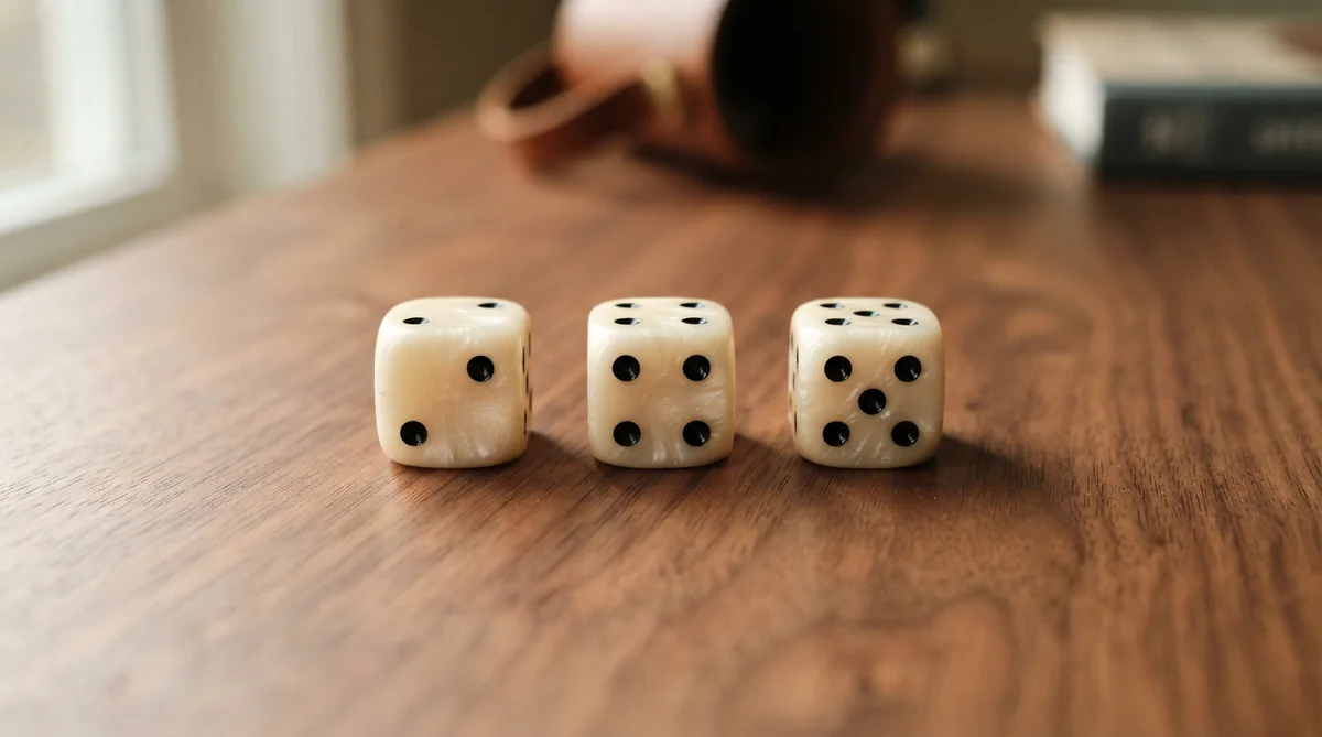Three dice showing the numbers two, four, and five sit on a wooden surface near a cup