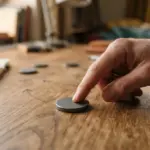 A hand touches a smooth metallic disc placed on a wooden table with faint hand-drawn diagrams