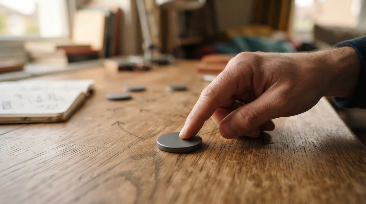 A hand touches a smooth metallic disc placed on a wooden table with faint hand-drawn diagrams