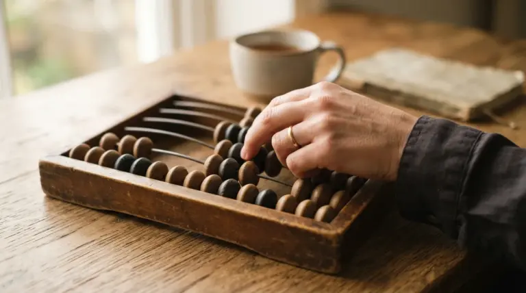 A hand with a gold ring touches beads on an abacus sitting on a wooden table beside a mug