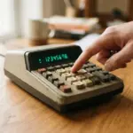 A hand presses a button on a vintage calculator resting on a wooden desk