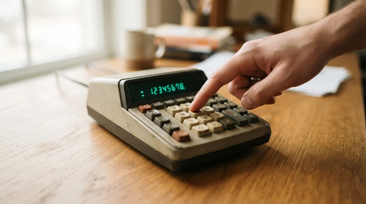 A hand presses a button on a vintage calculator resting on a wooden desk