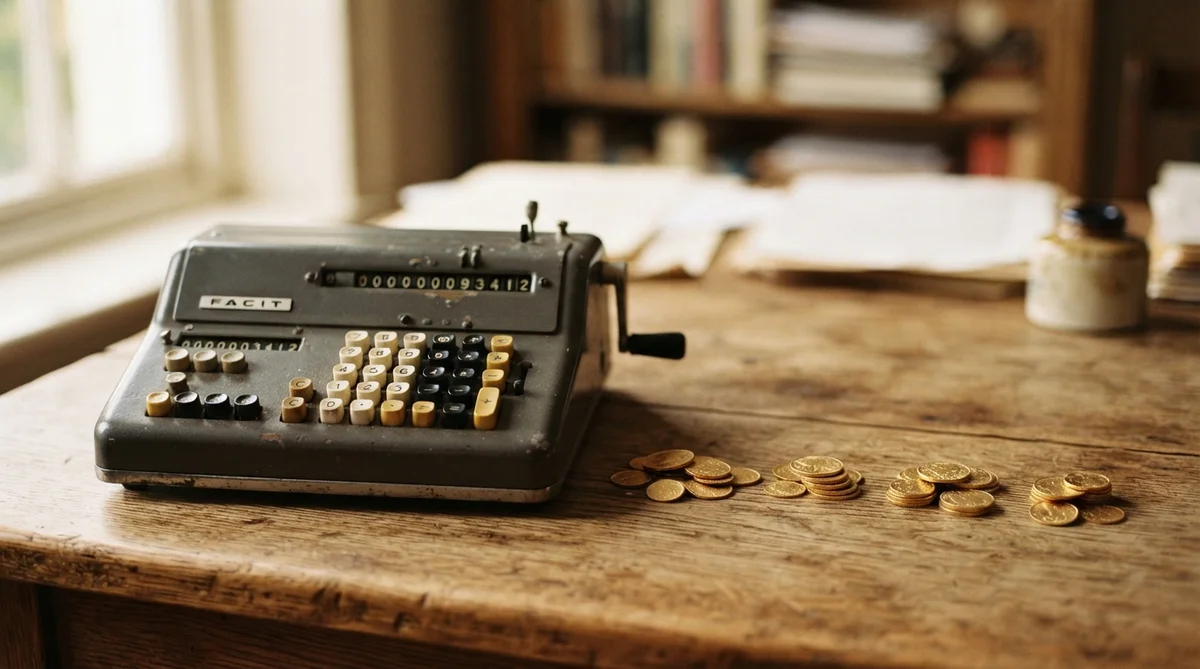 A vintage mechanical calculator sits on a wooden desk next to four small stacks of gold coins