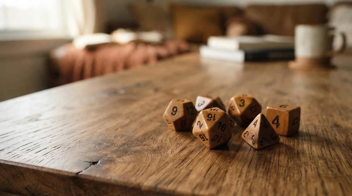 Wooden polyhedral dice sit on a rustic wooden table next to books and a mug