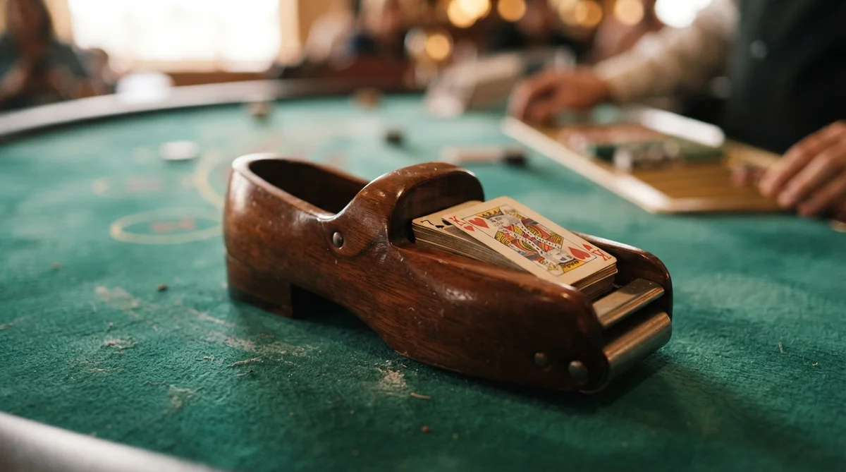 A wooden playing card shoe sits on a green felt casino table with a hand of cards visible