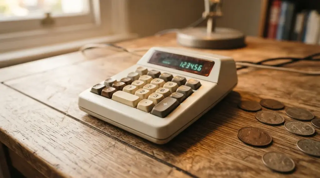 An old calculator with display showing 123456 rests on a wooden desk next to several scattered coins