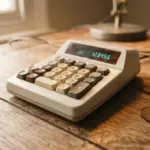 An old calculator with display showing 123456 rests on a wooden desk next to several scattered coins