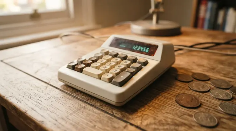 An old calculator with display showing 123456 rests on a wooden desk next to several scattered coins