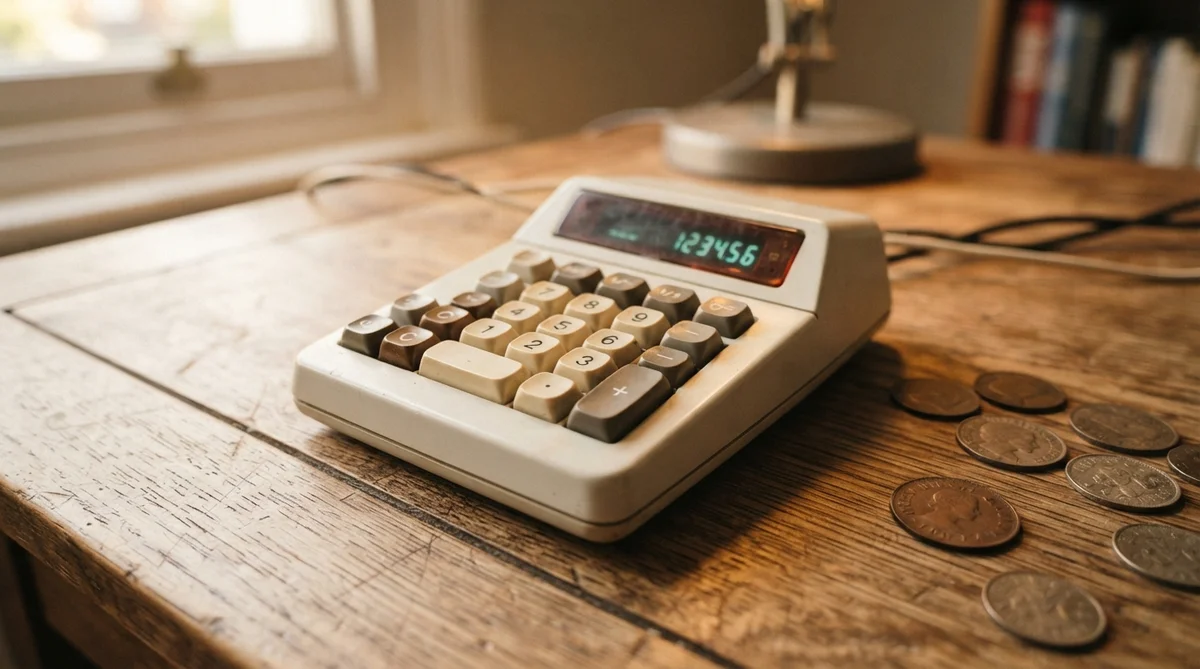 An old calculator with display showing 123456 rests on a wooden desk next to several scattered coins