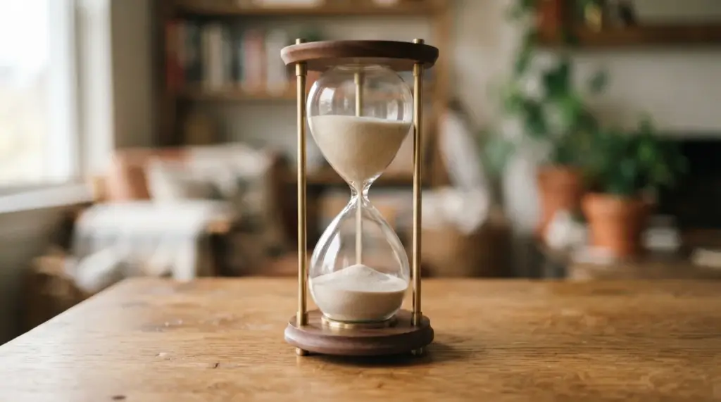 An hourglass sits on a wooden table in front of a blurry room with plants and shelves