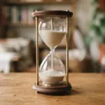 An hourglass sits on a wooden table in front of a blurry room with plants and shelves