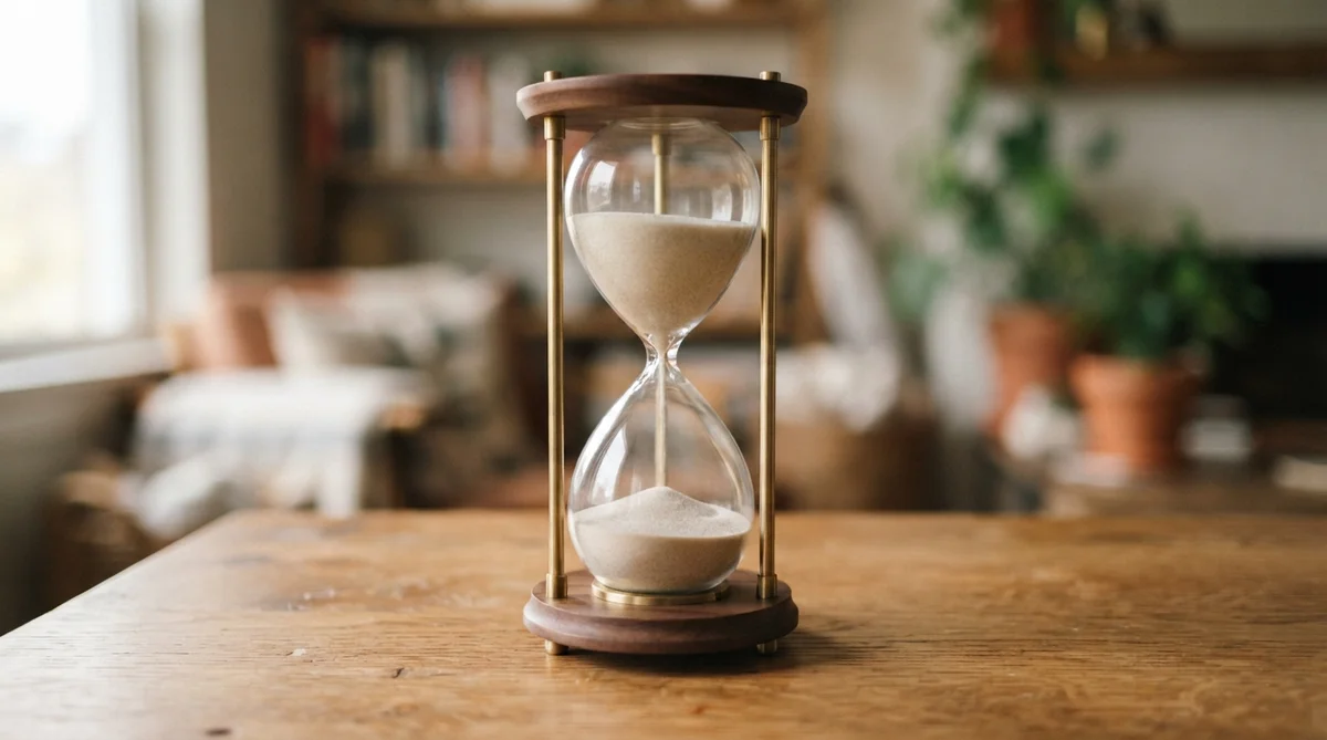 An hourglass sits on a wooden table in front of a blurry room with plants and shelves