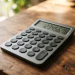 A grey calculator sits on a dark wooden surface with a notepad and pen nearby