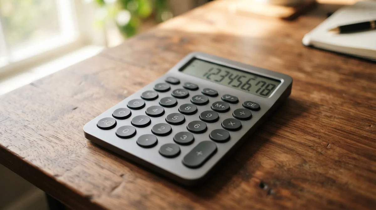 A grey calculator sits on a dark wooden surface with a notepad and pen nearby
