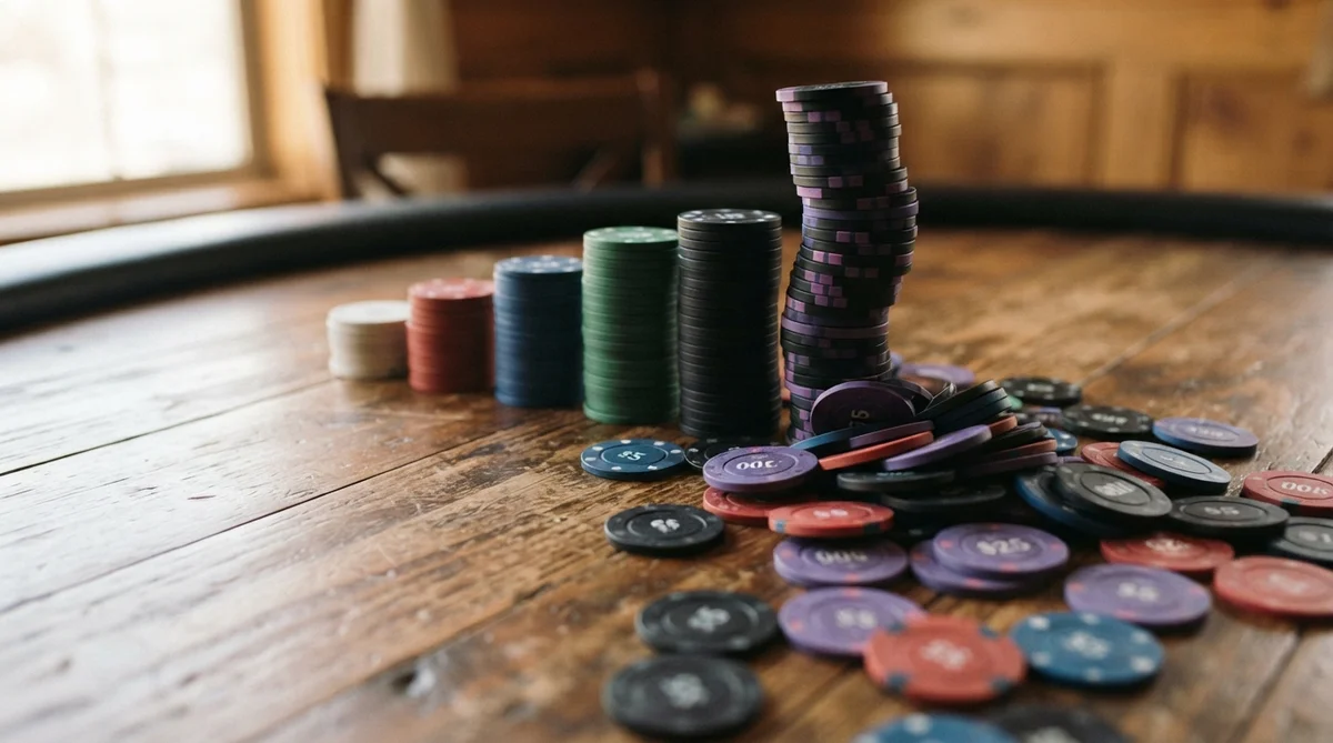 A close-up, low-angle shot of a progression of colorful poker chip stacks on a warm, tactile wooden surface