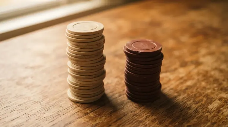 Two stacks of round, flat tokens rest on a weathered wooden surface