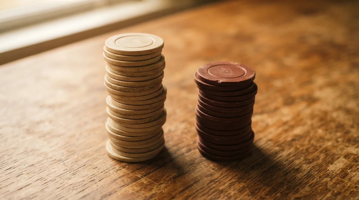 Two stacks of round, flat tokens rest on a weathered wooden surface