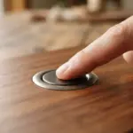 A finger presses a circular button embedded in a wooden surface